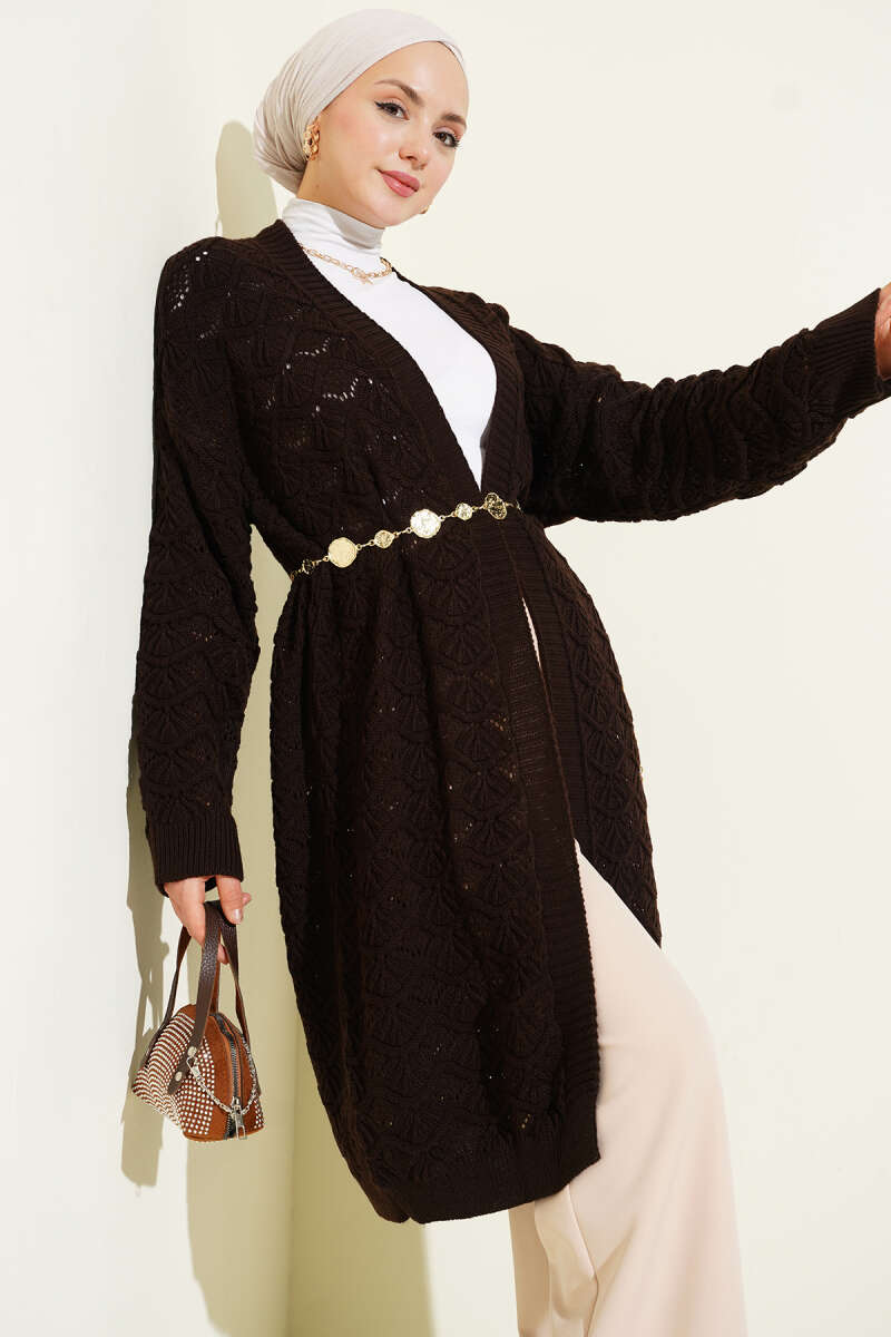 Knit Cardigan with Cable Detail - Dark Brown