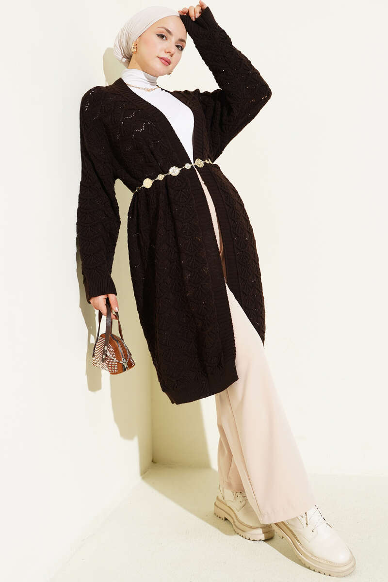 Knit Cardigan with Cable Detail - Dark Brown