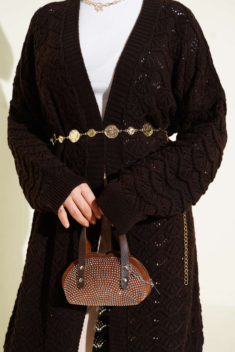 Knit Cardigan with Cable Detail - Dark Brown
