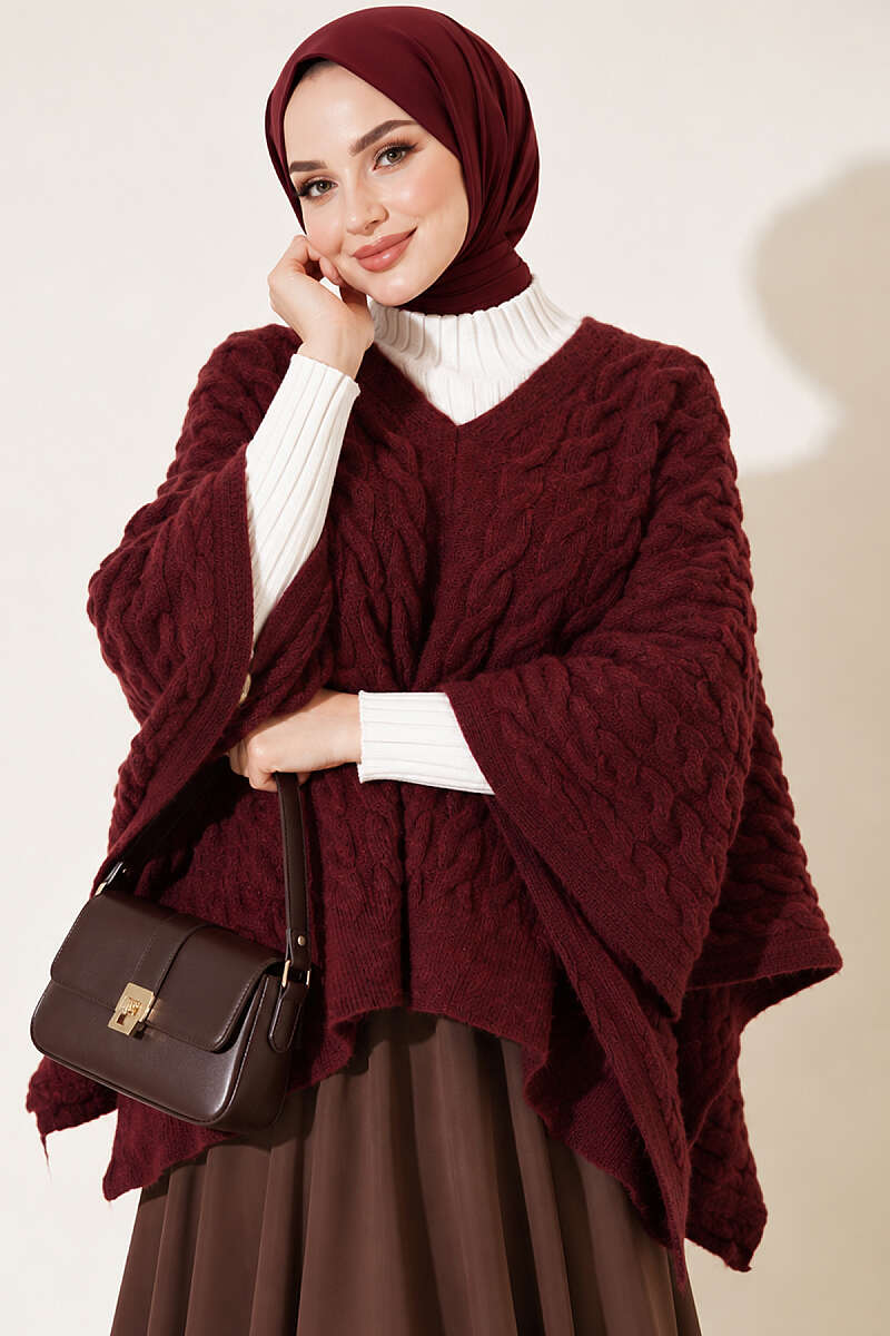 Cable-Knit Poncho - Burgundy