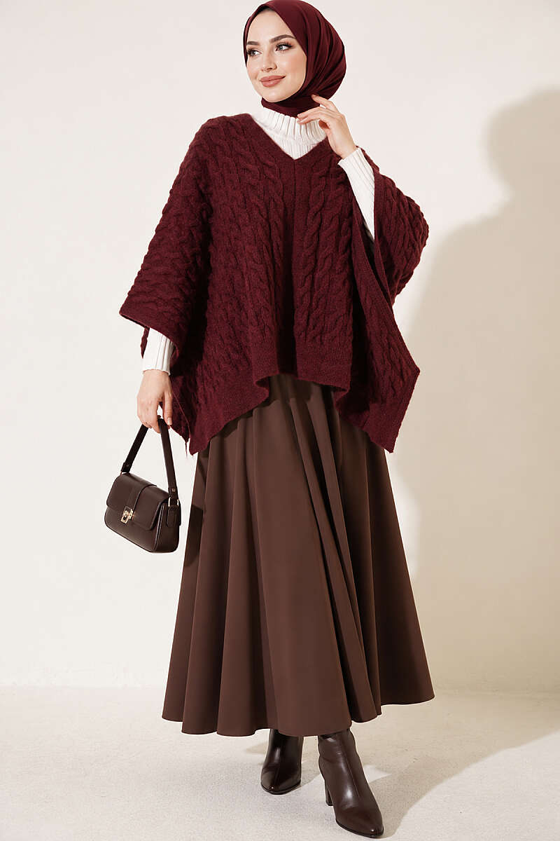 Cable-Knit Poncho - Burgundy