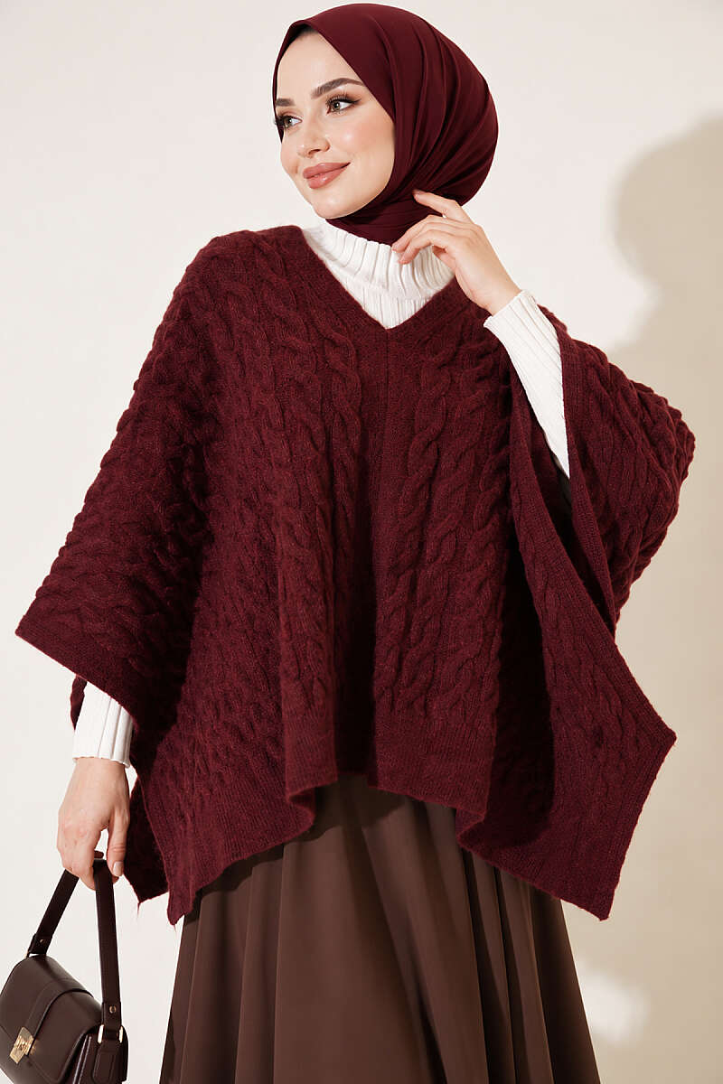 Cable-Knit Poncho - Burgundy