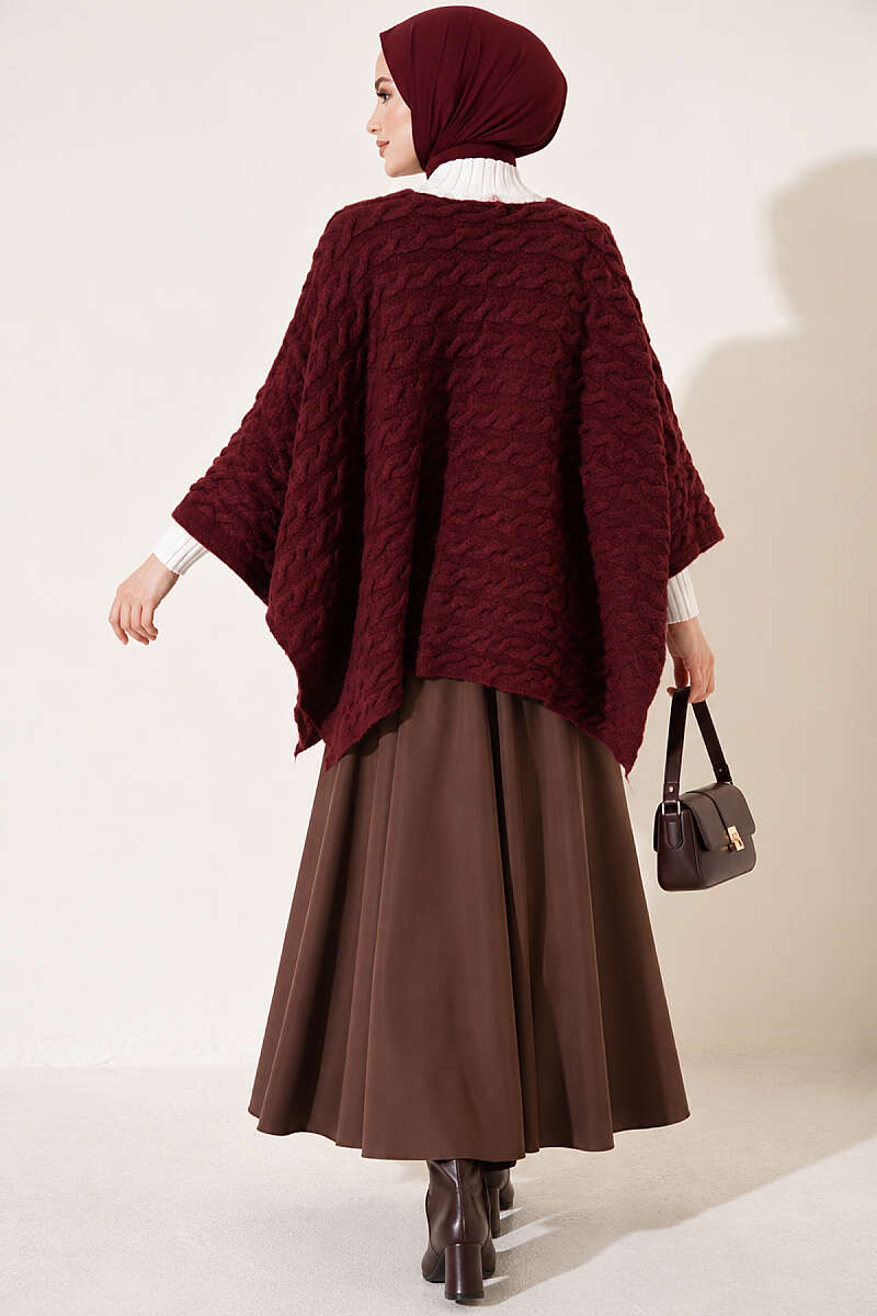 Cable-Knit Poncho - Burgundy