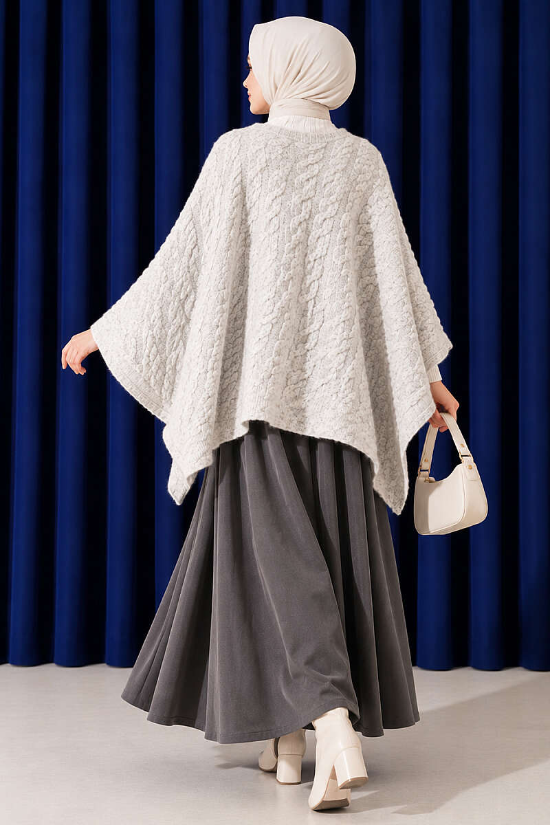 Cable-Knit Poncho - Grey