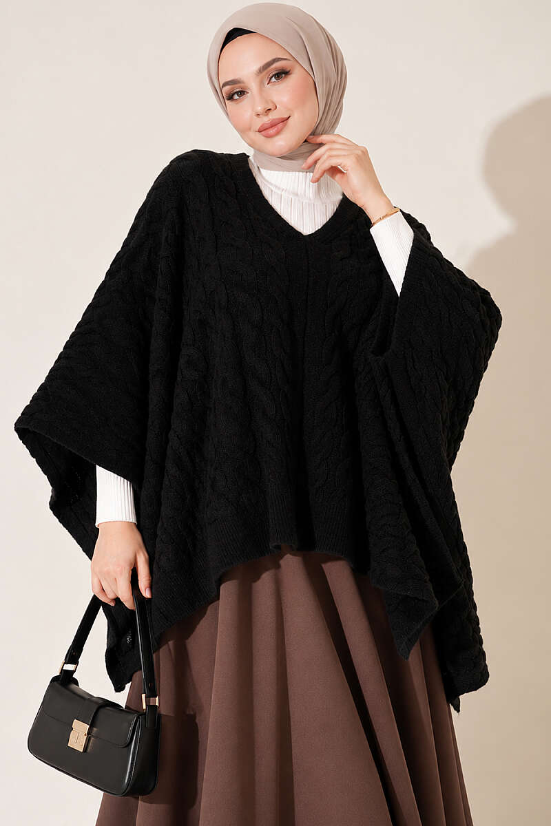Cable-Knit Poncho - Black