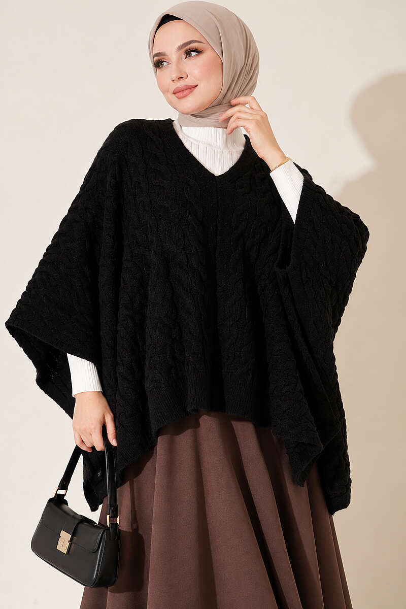Cable-Knit Poncho - Black