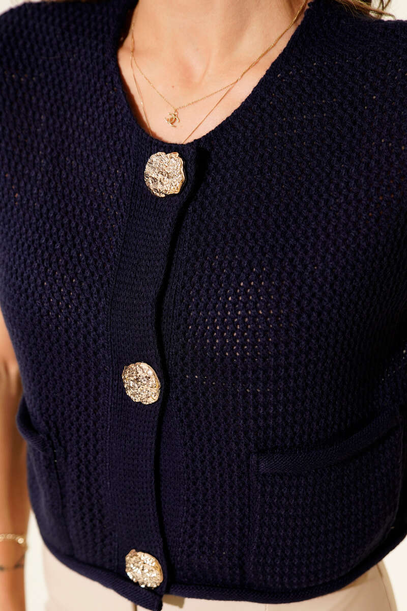 Cable-Knit Button Vest - Navy