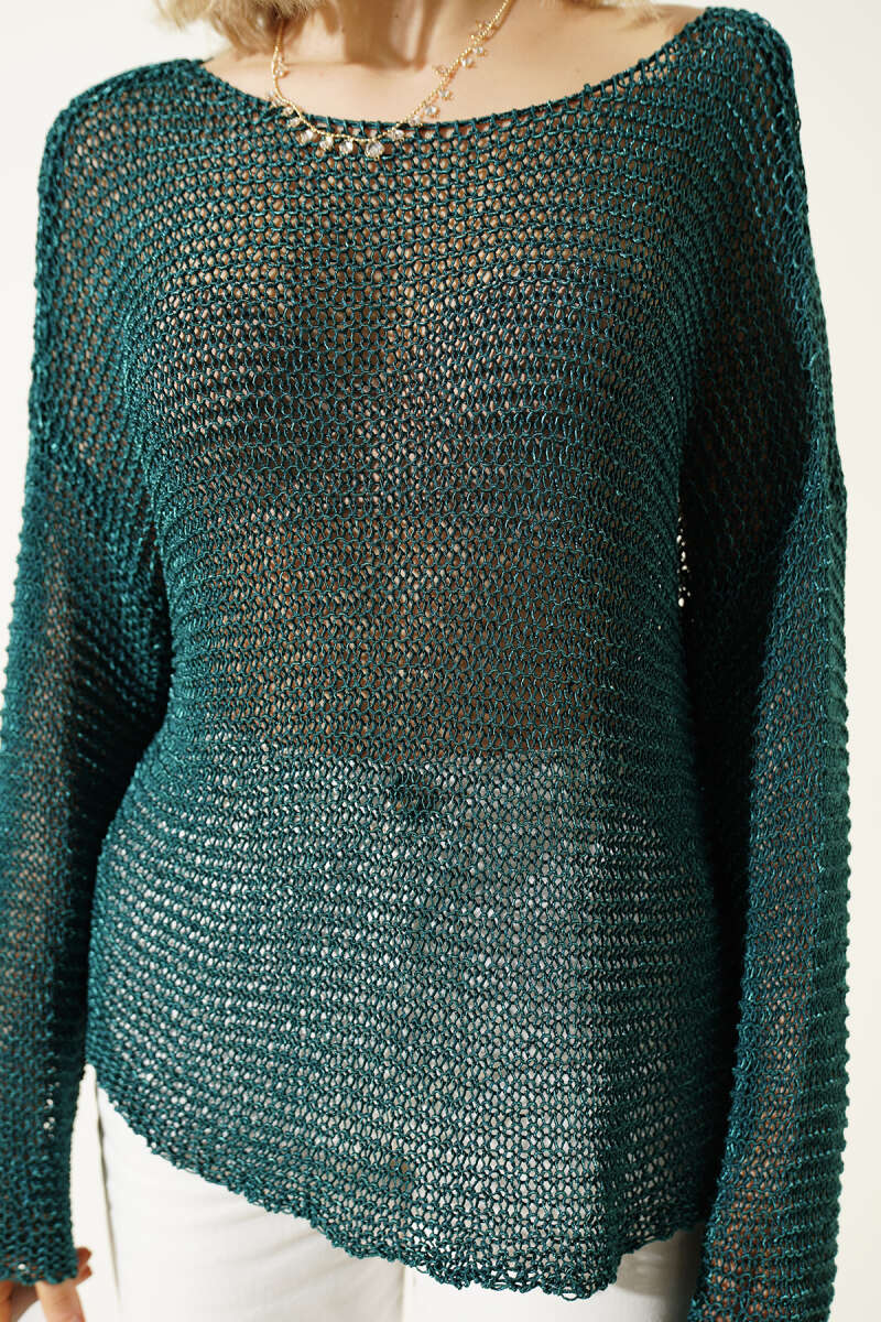 Mesh Sweater with Cable Detail - Teal