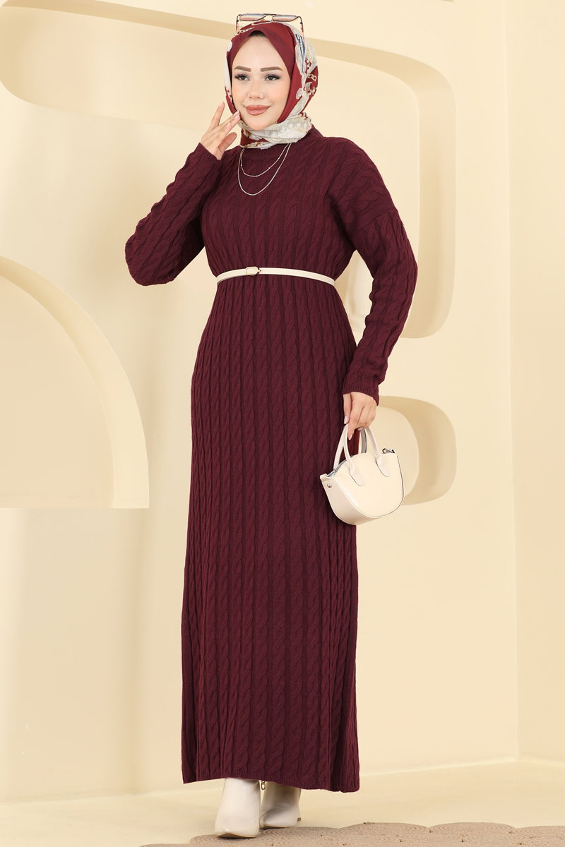 Cable Knit Dress - Burgundy