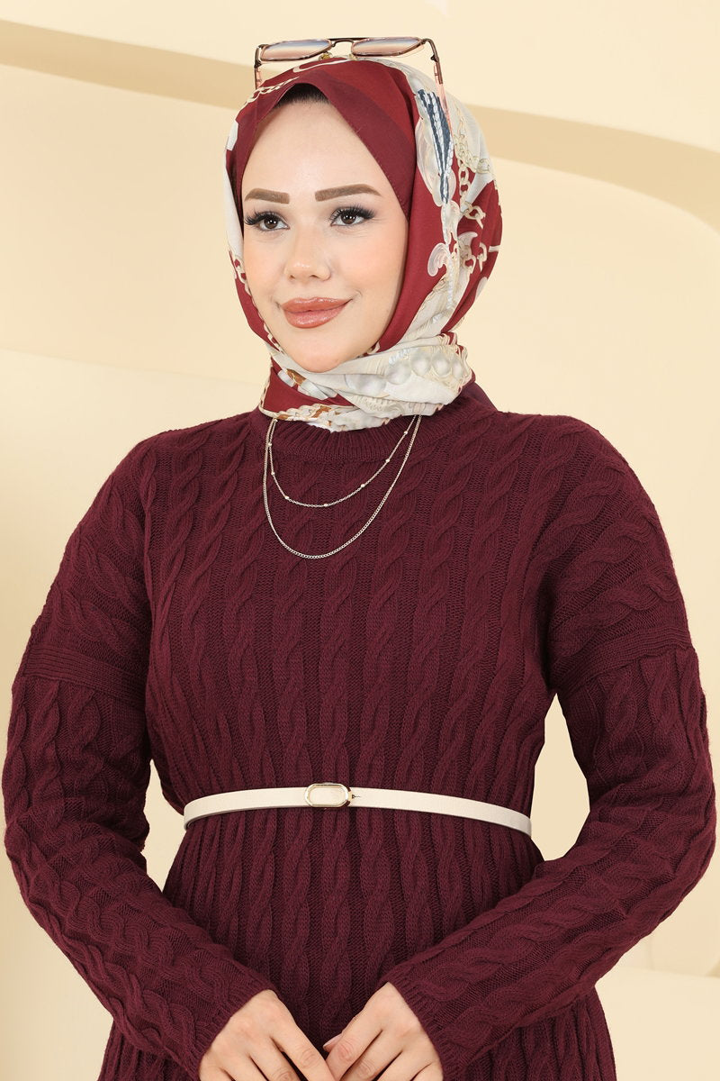 Cable Knit Dress - Burgundy