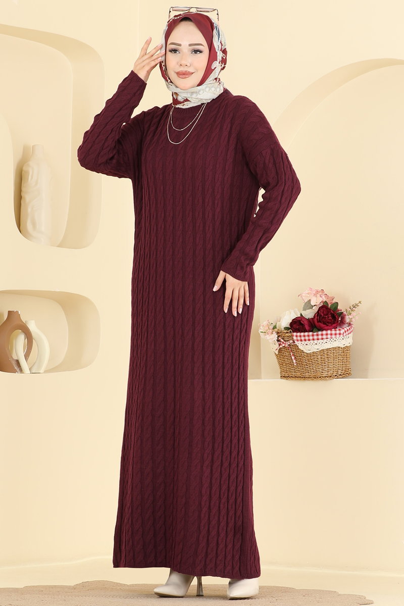 Cable Knit Dress - Burgundy