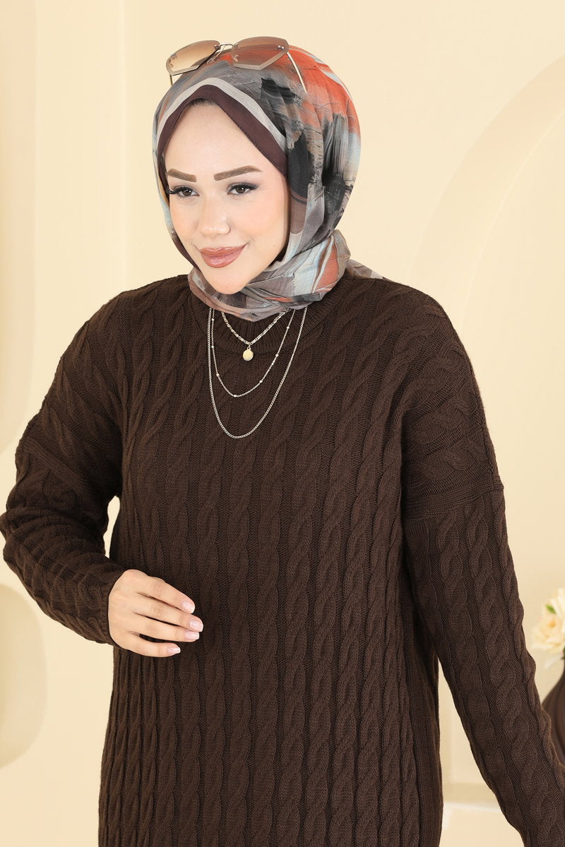 Cable Knit Dress - Brown