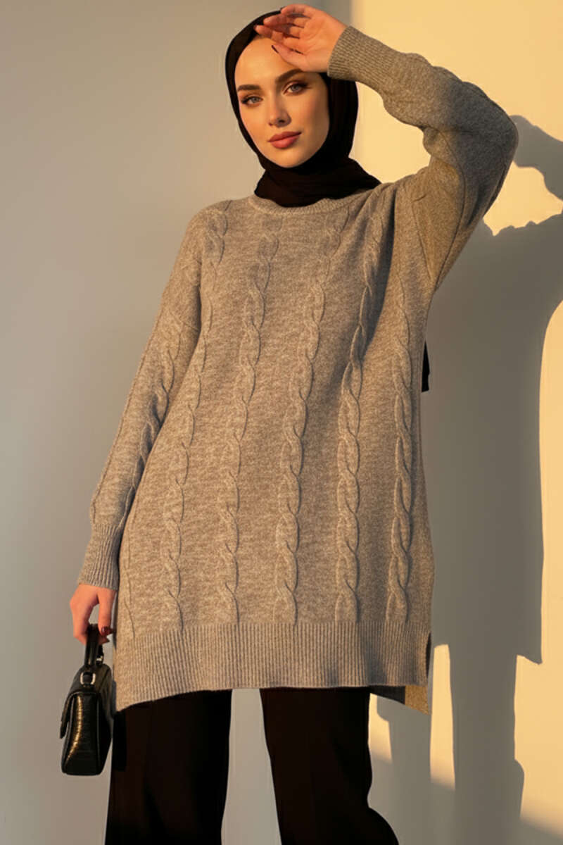 Soft Cable-Texture Knit Tunic - Grey