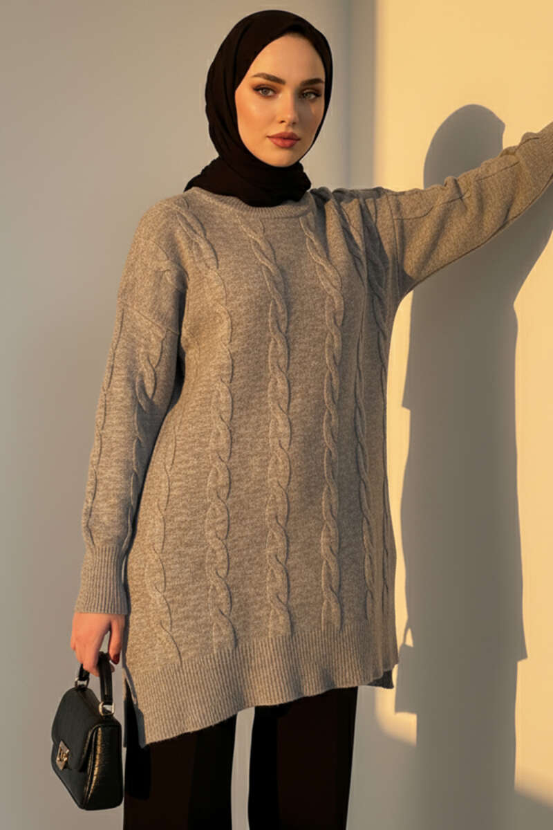 Soft Cable-Texture Knit Tunic - Grey