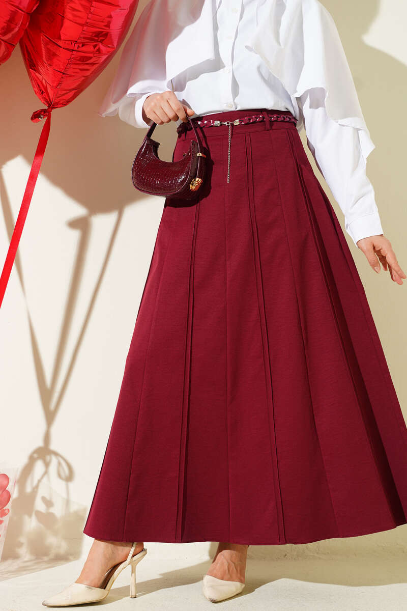 Skirt with Braided Belt and Stitching - Burgundy