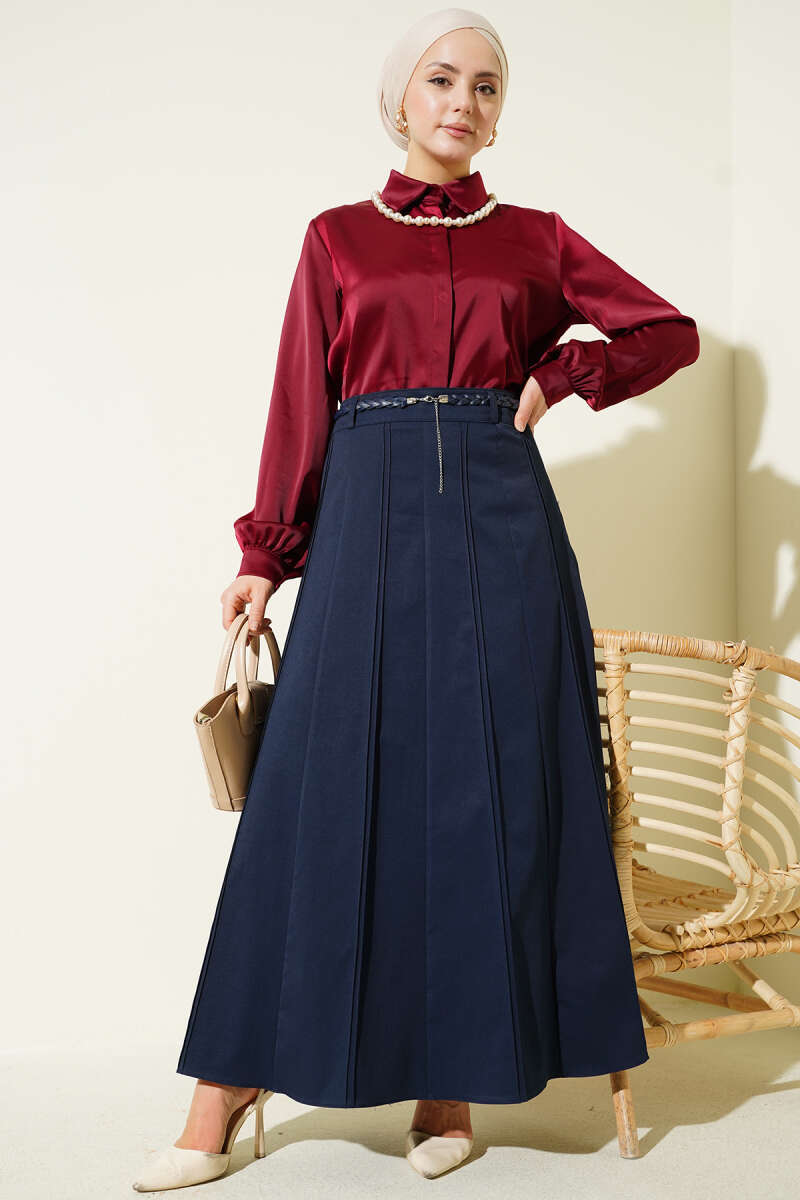 Skirt with Braided Belt and Stitching - Navy