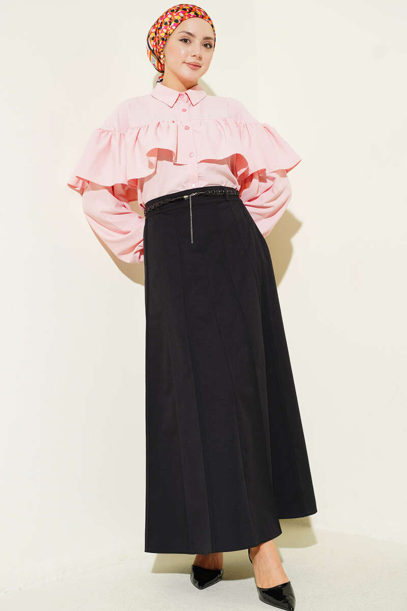 Skirt with Braided Belt and Stitching - Black