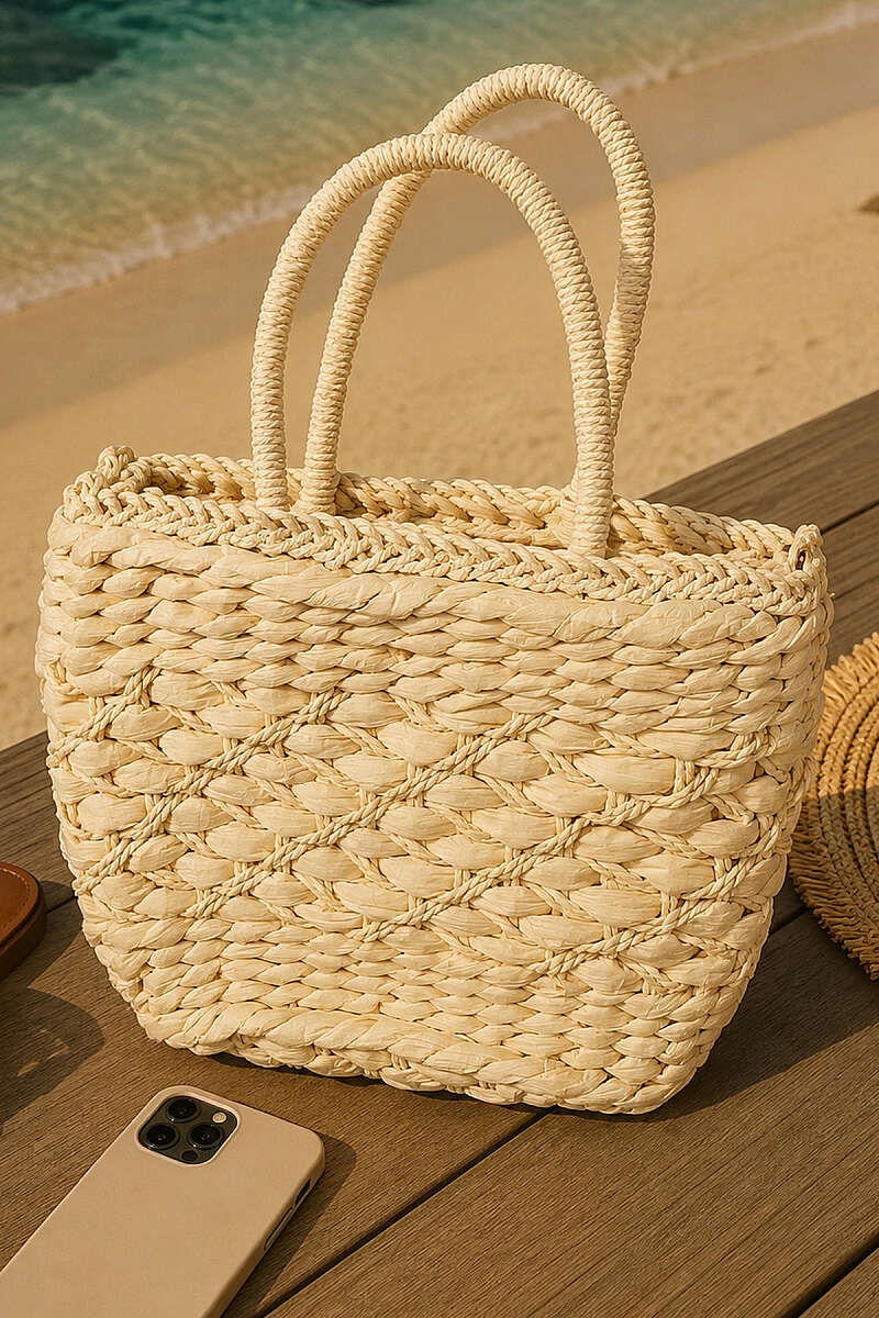 Straw Bag with Braided Handles - Beige