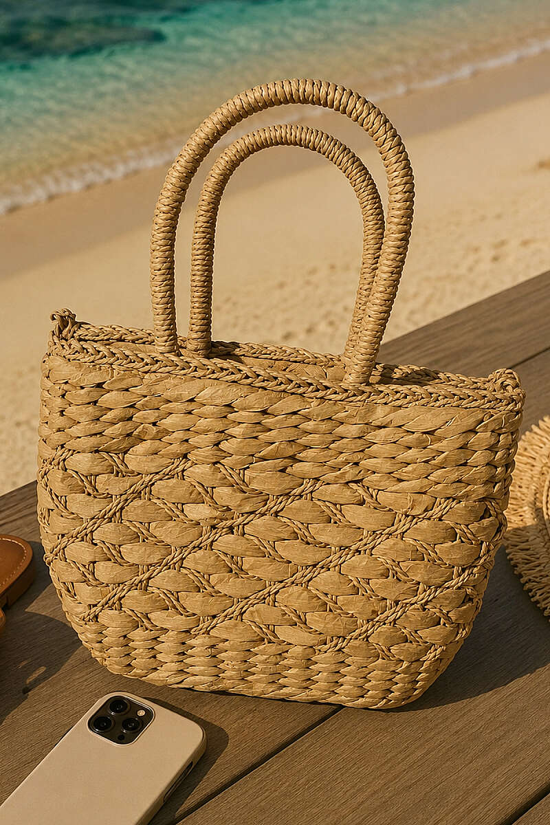 Straw Bag with Braided Handles - Latte