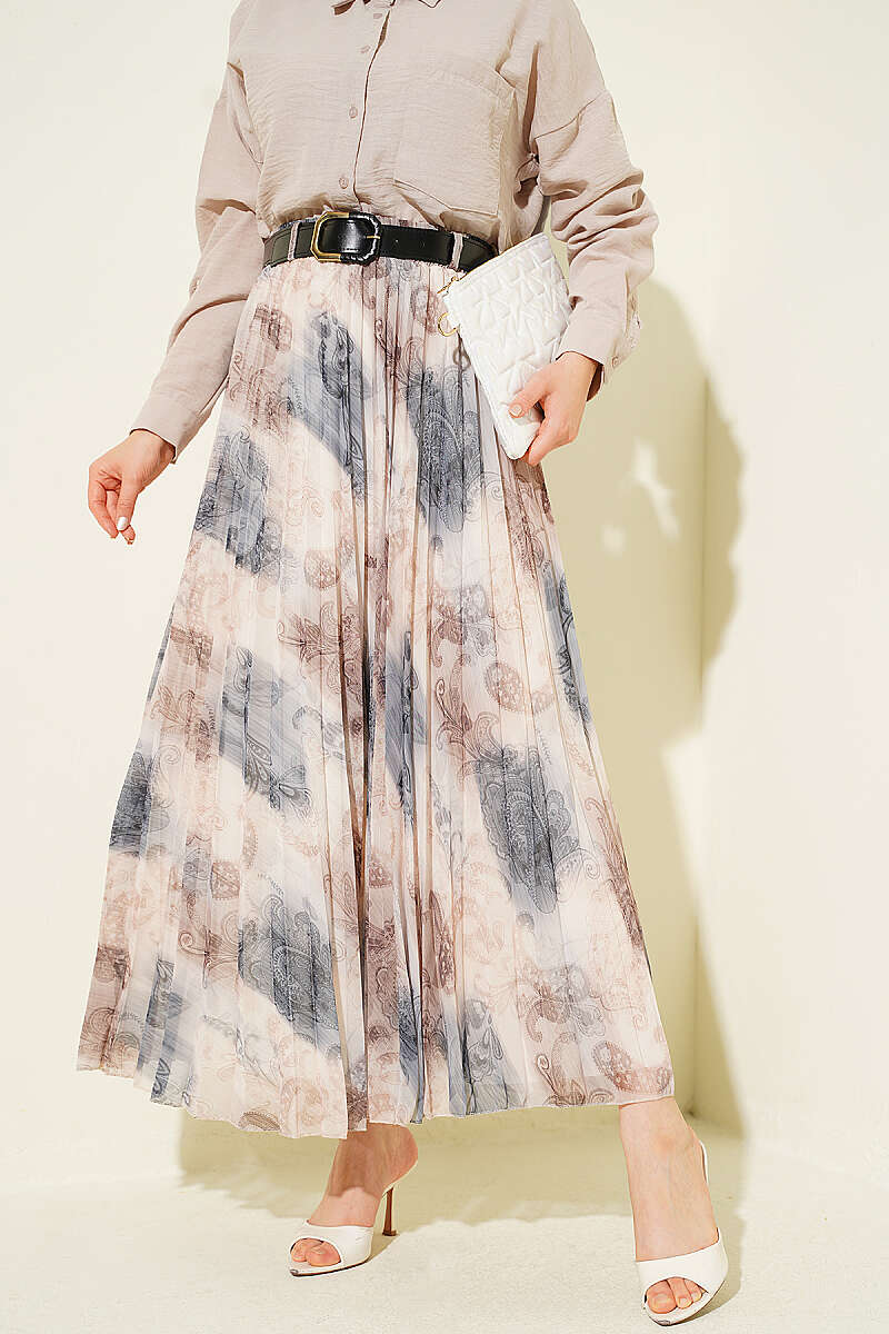 Belted Pleated Ethnic Print Skirt - Smoke Grey