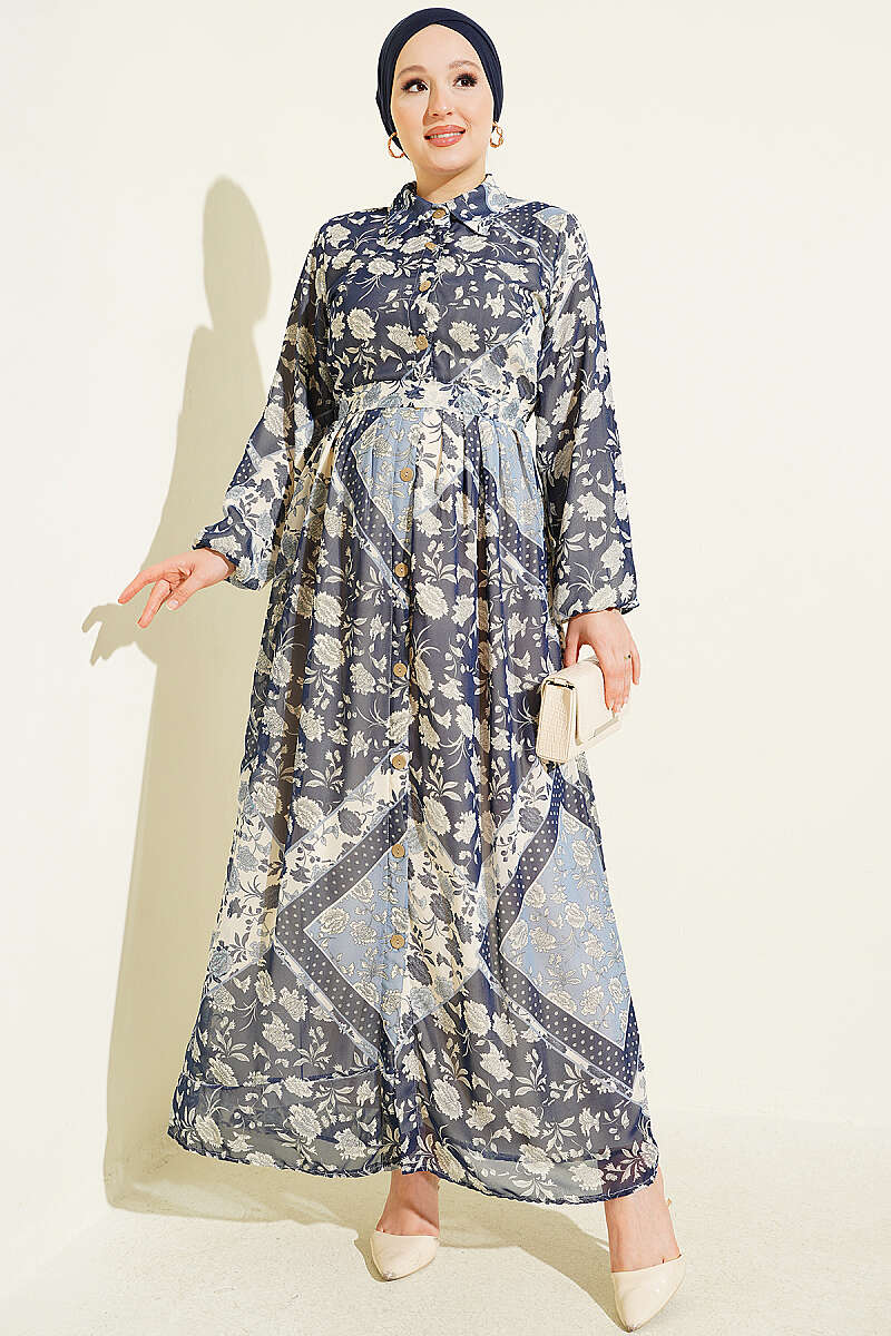 Ethnic Print Chiffon Dress - Navy