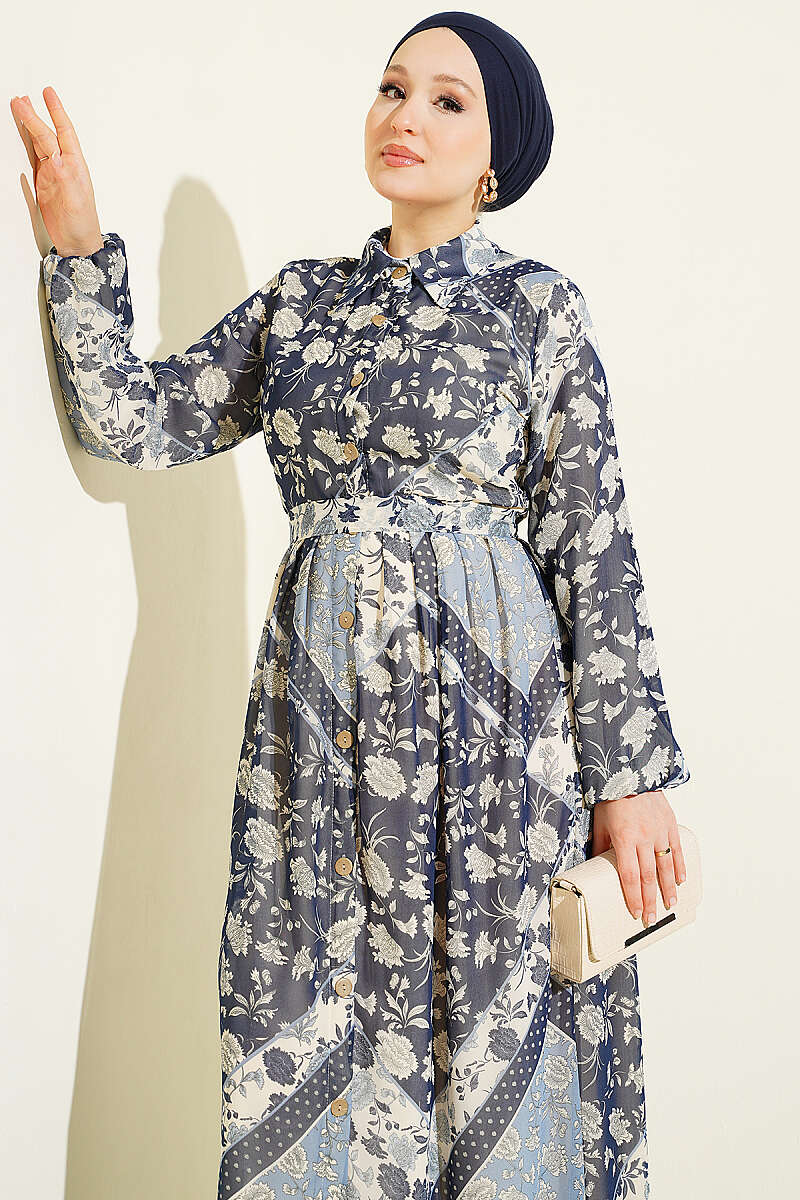 Ethnic Print Chiffon Dress - Navy