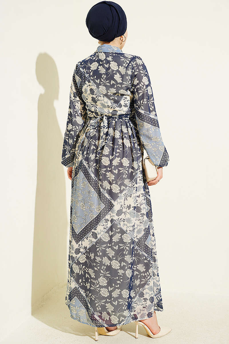 Ethnic Print Chiffon Dress - Navy