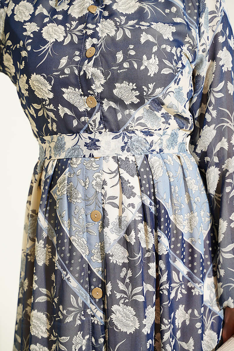 Ethnic Print Chiffon Dress - Navy