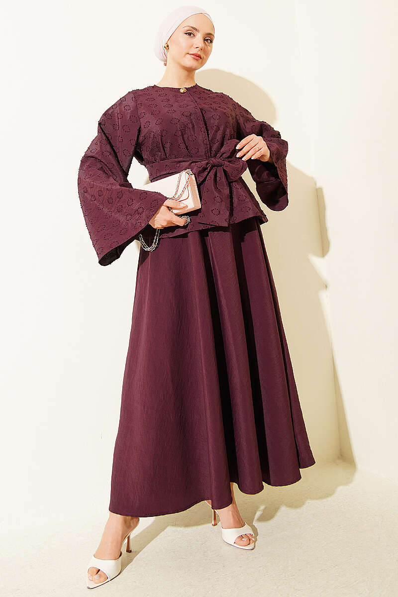 Belted Embossed Oval-Pattern Skirt Set - Plum