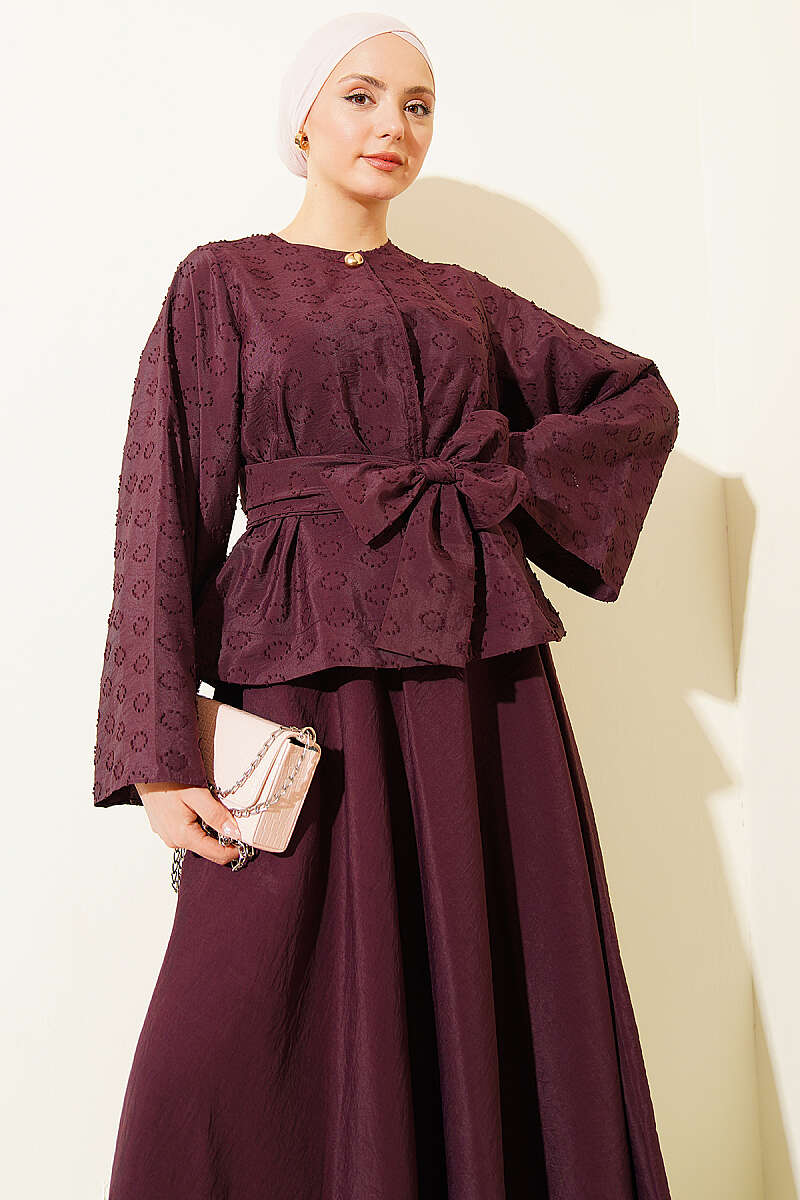 Belted Embossed Oval-Pattern Skirt Set - Plum