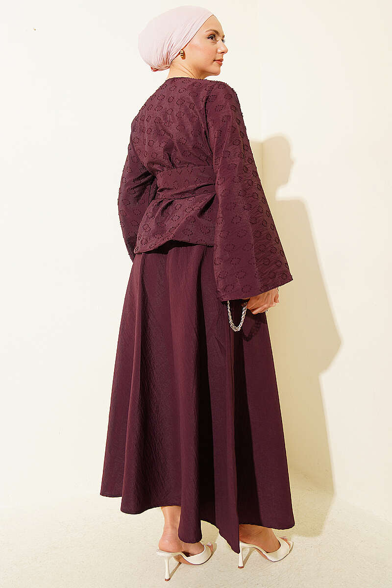 Belted Embossed Oval-Pattern Skirt Set - Plum