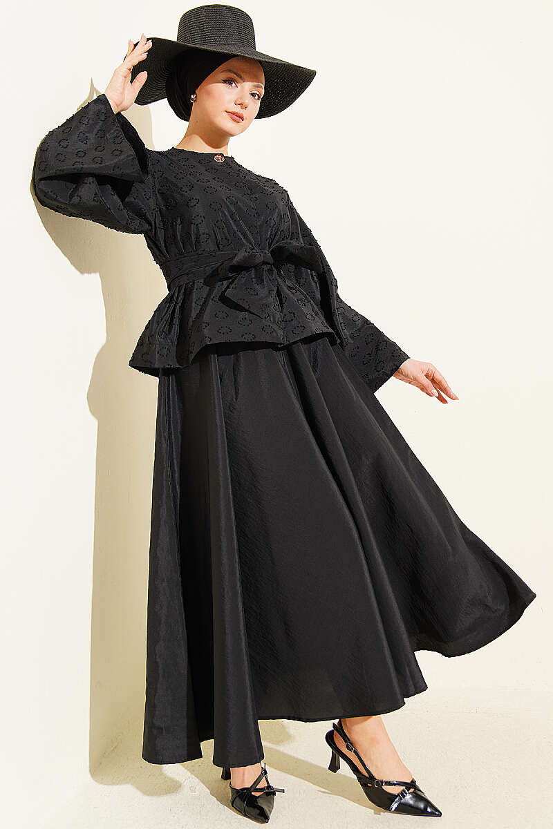 Belted Embossed Oval-Pattern Skirt Set - Black