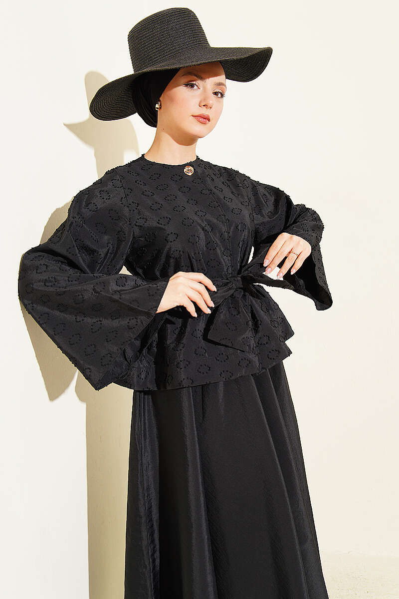 Belted Embossed Oval-Pattern Skirt Set - Black