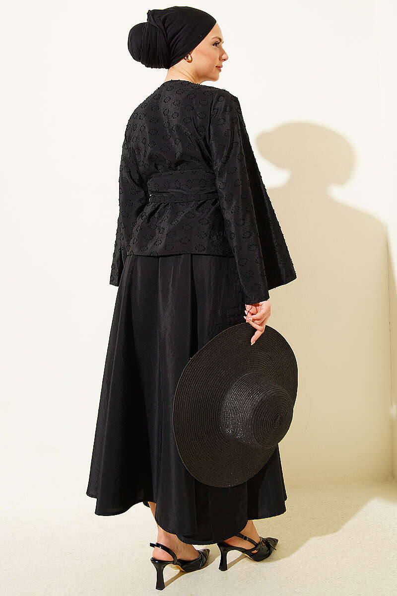 Belted Embossed Oval-Pattern Skirt Set - Black