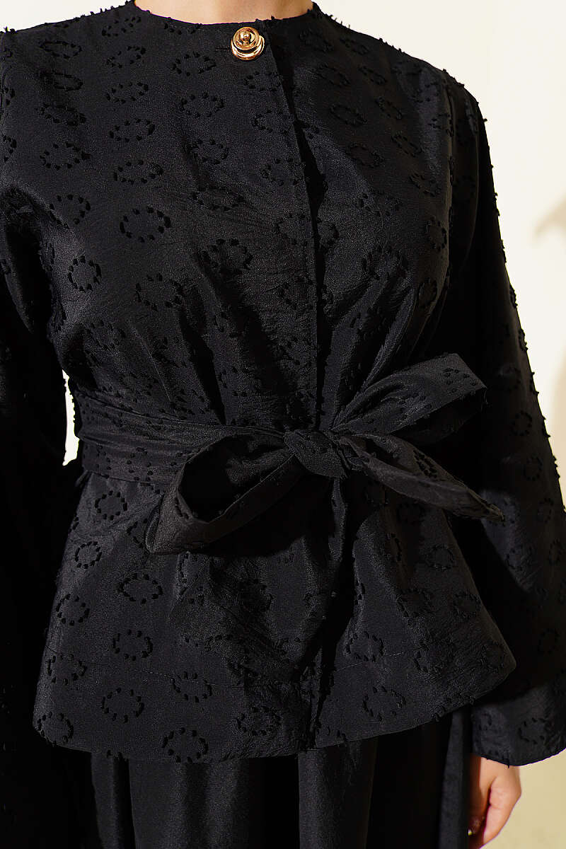 Belted Embossed Oval-Pattern Skirt Set - Black