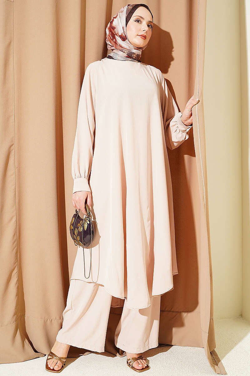 Curved-Hem Long Tunic Set - Beige