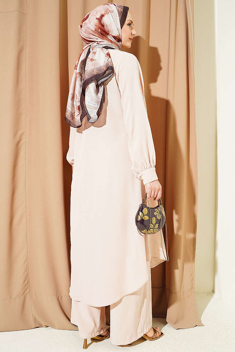 Curved-Hem Long Tunic Set - Beige