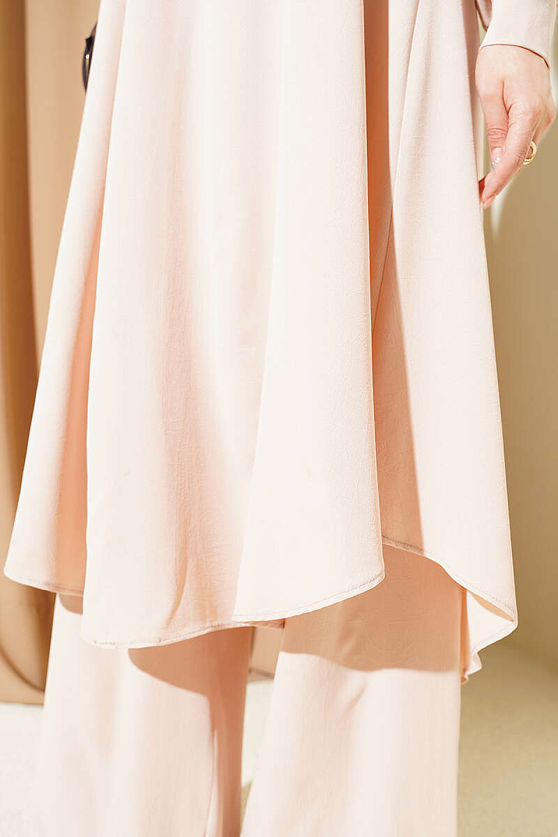Curved-Hem Long Tunic Set - Beige