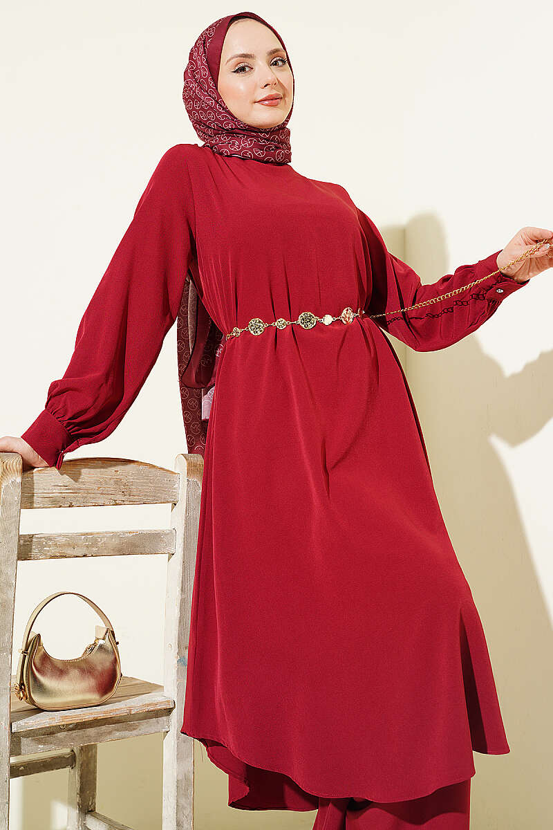 Curved-Hem Long Tunic Set - Burgundy