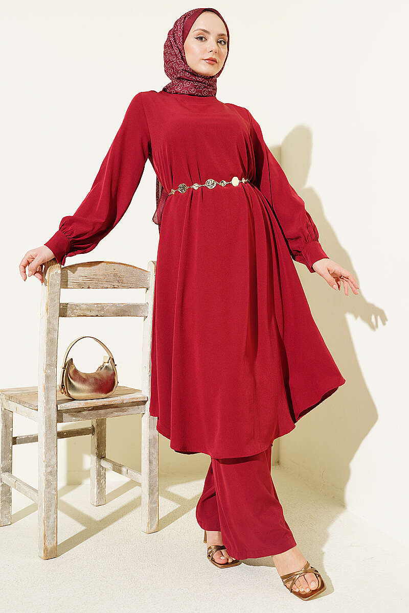 Curved-Hem Long Tunic Set - Burgundy