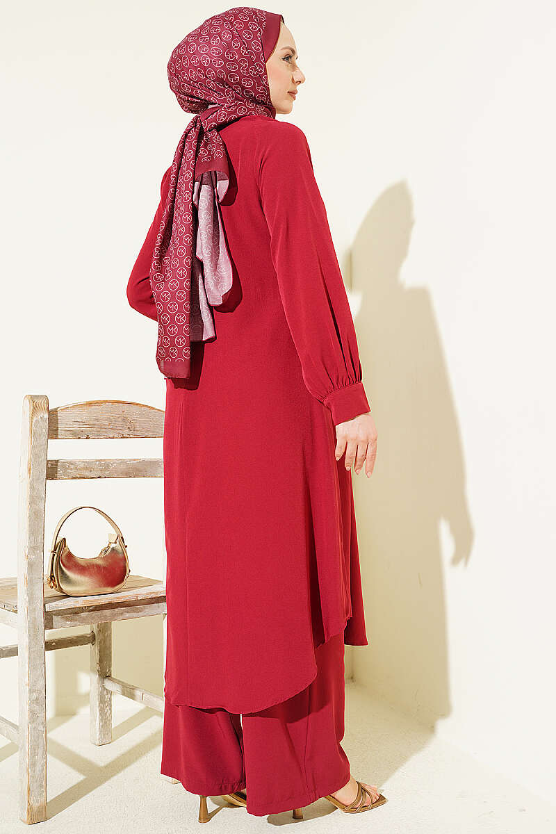 Curved-Hem Long Tunic Set - Burgundy