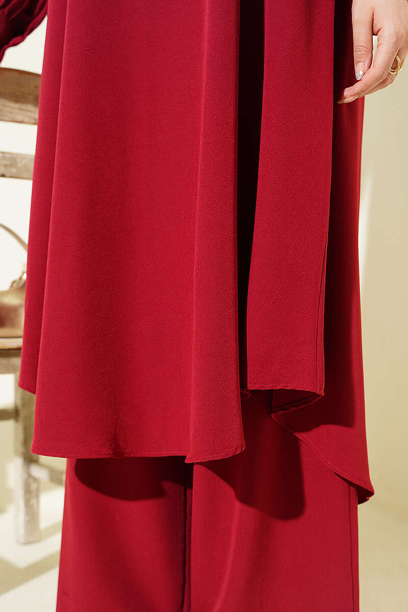 Curved-Hem Long Tunic Set - Burgundy