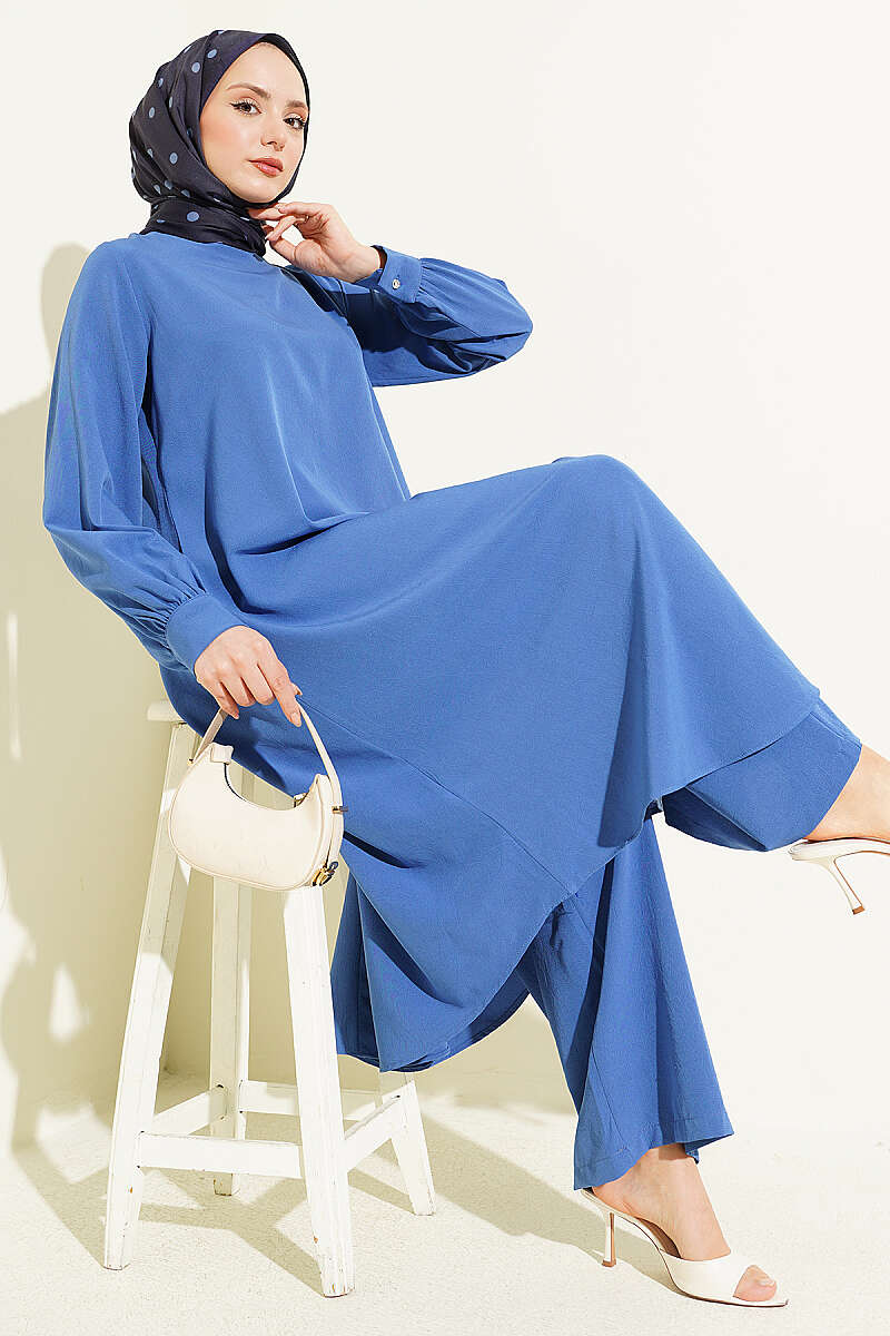 Curved-Hem Long Tunic Set - Indigo