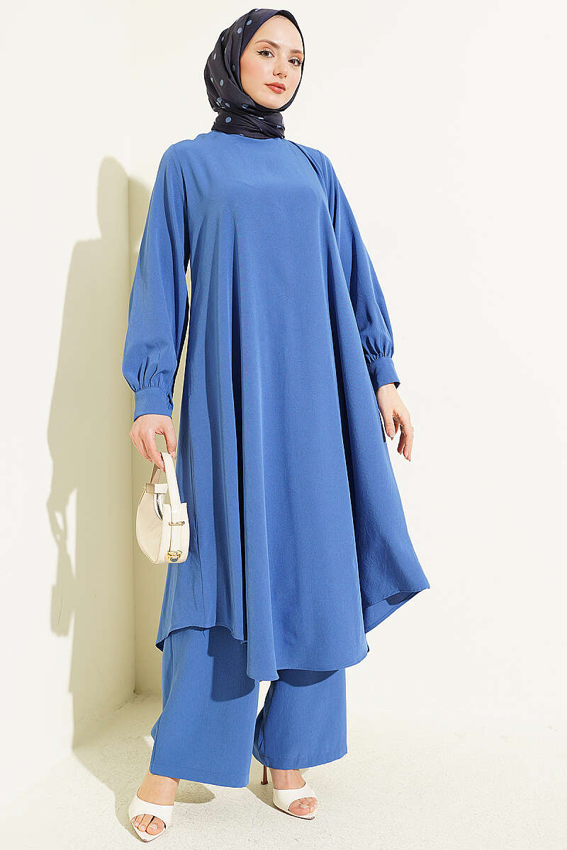 Curved-Hem Long Tunic Set - Indigo