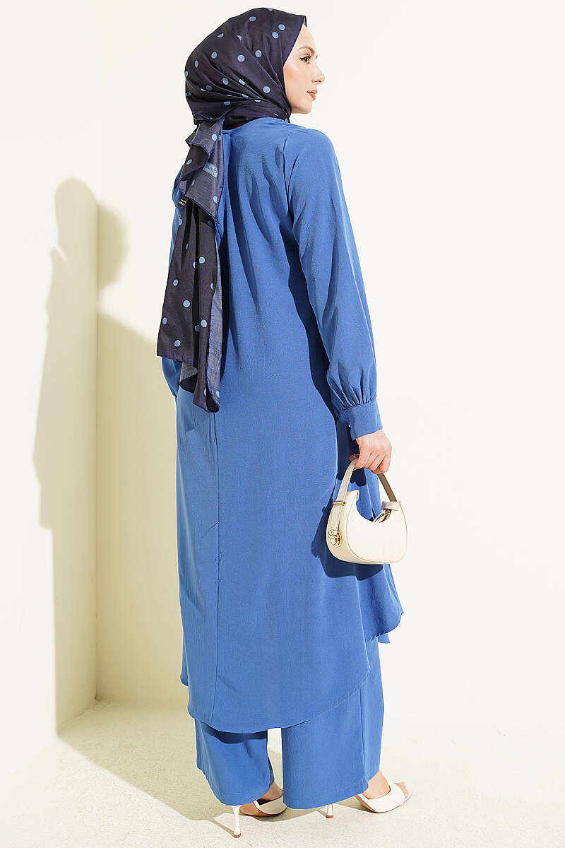 Curved-Hem Long Tunic Set - Indigo