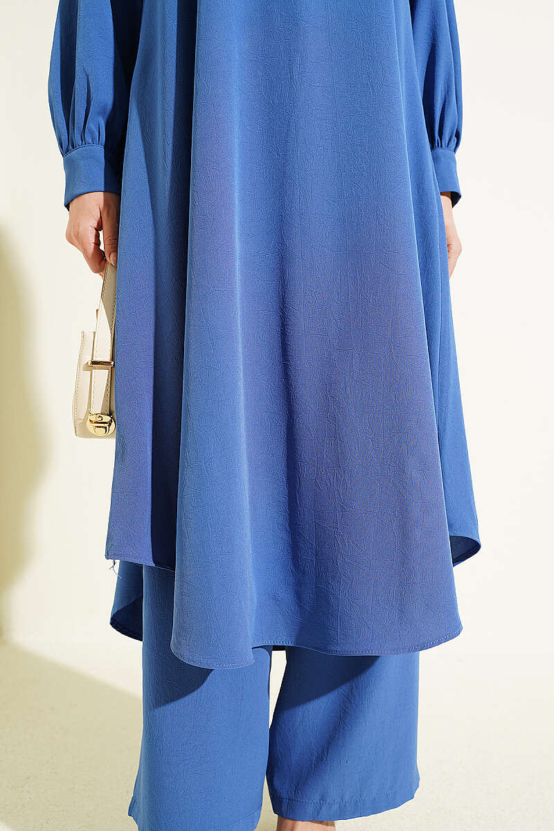 Curved-Hem Long Tunic Set - Indigo