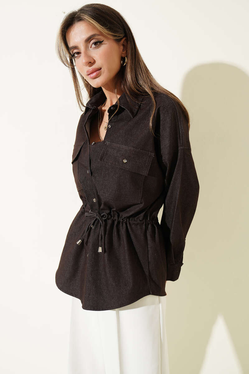 Oversized Shirt with Drawstring Waist - Brown