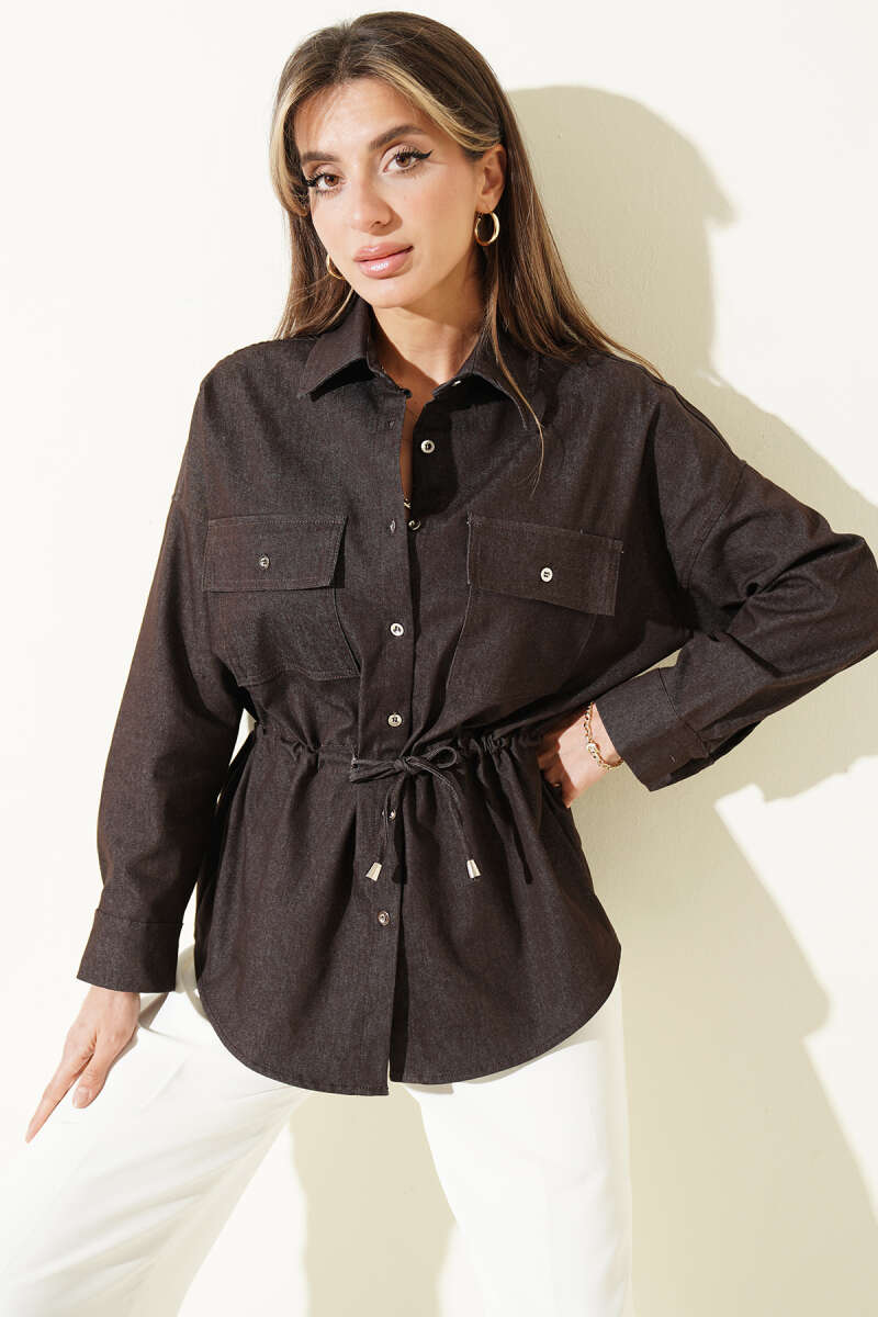 Oversized Shirt with Drawstring Waist - Brown