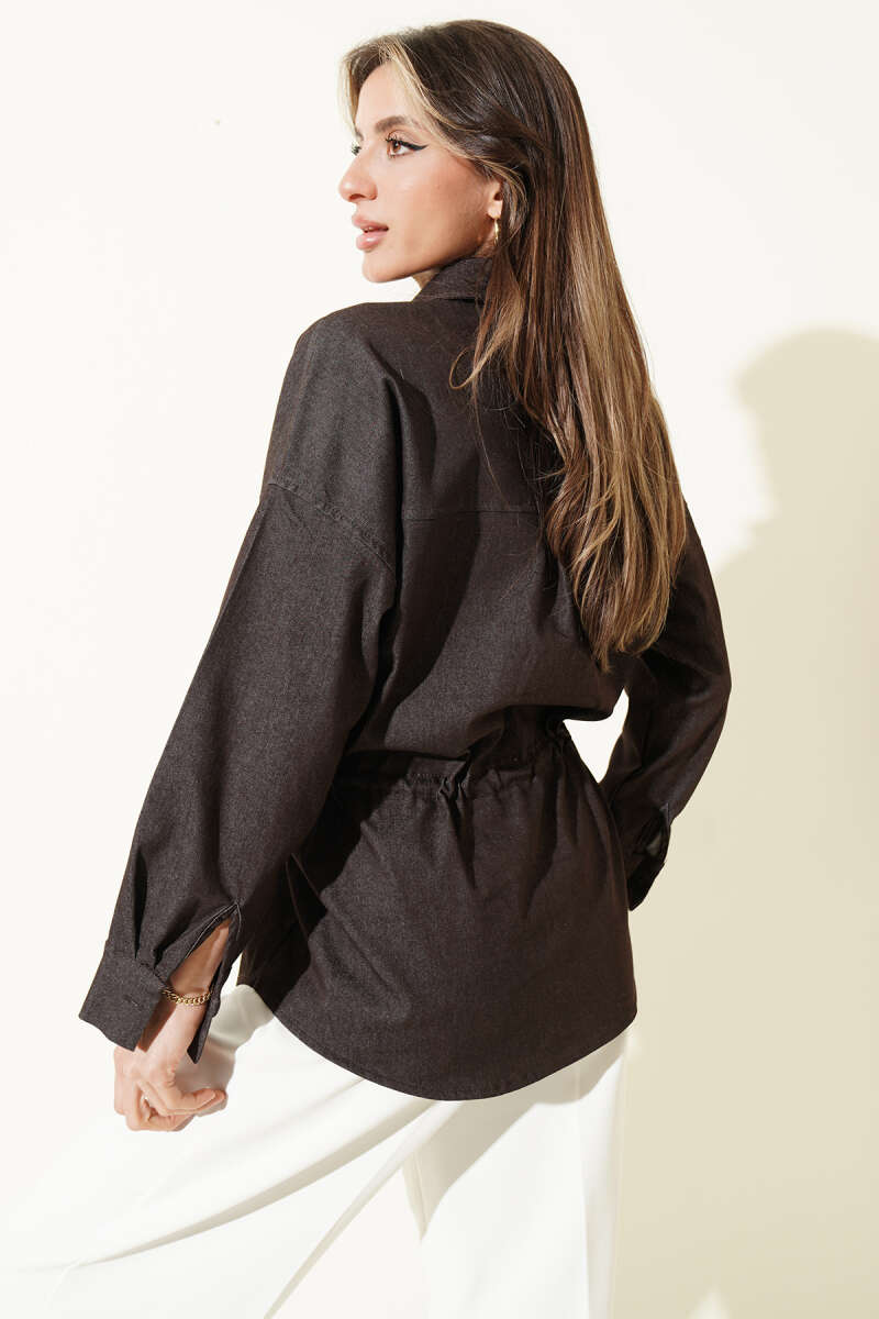 Oversized Shirt with Drawstring Waist - Brown