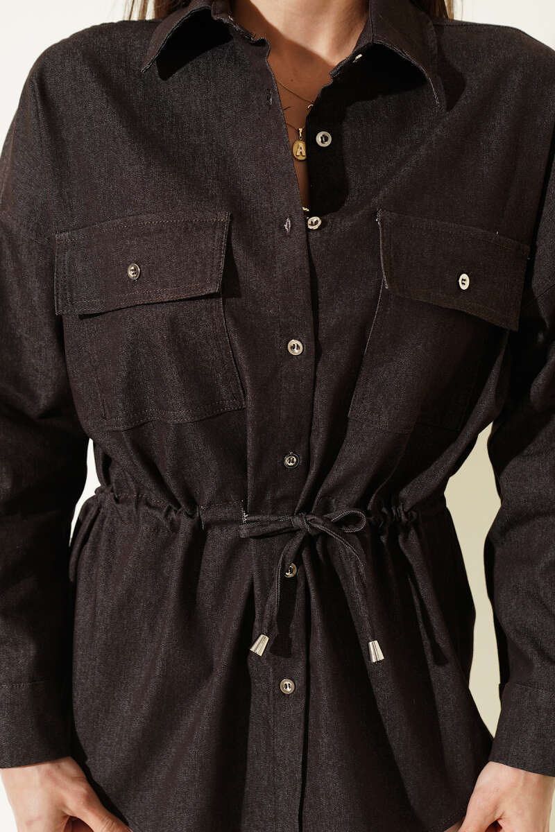 Oversized Shirt with Drawstring Waist - Brown